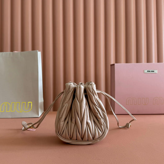 Matelassé Mini Drawstring Handbag Apricot Lambskin