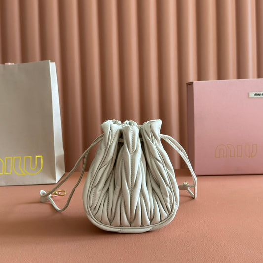 Matelassé Mini Drawstring Handbag White Lambskin