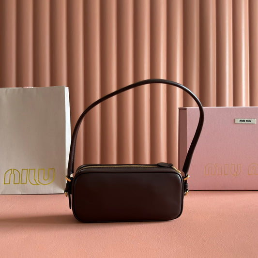 Miu Leather Pouch Bag 20cm Chocolate Leather