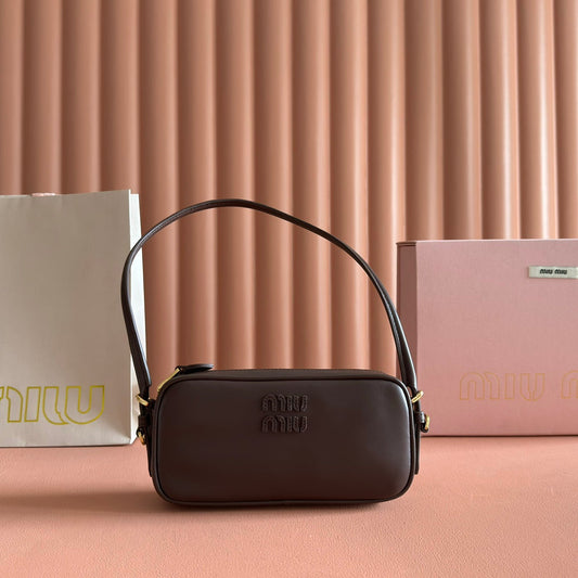 Miu Leather Pouch Bag 20cm Chocolate Leather