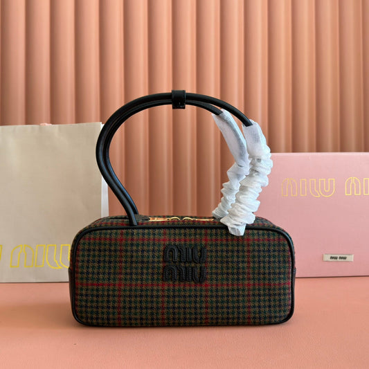 Miu Beau Tartan Top-Handle Bag 28cm Black with Multicolor Wool Leather