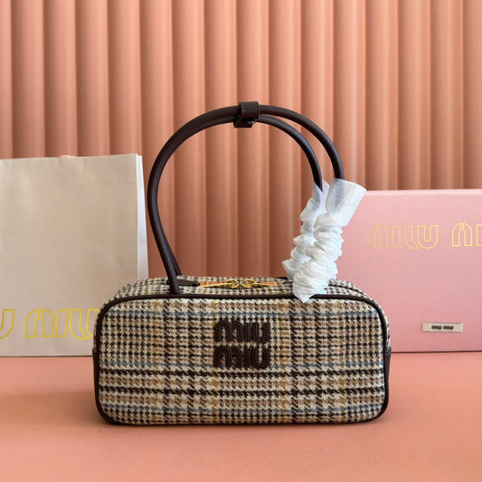 Miu Beau Tartan Top-Handle Bag 28cm Chocolate with Multicolor Wool Leather