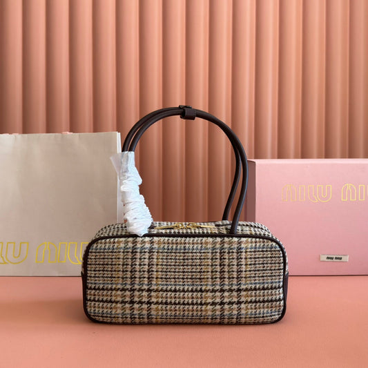 Miu Beau Tartan Top-Handle Bag 28cm Chocolate with Multicolor Wool Leather