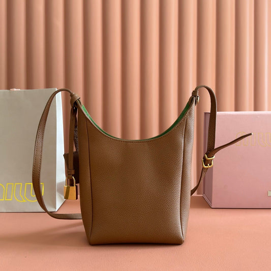Miu Leather Bucket Bag 23cm Brown Grain Cowhide