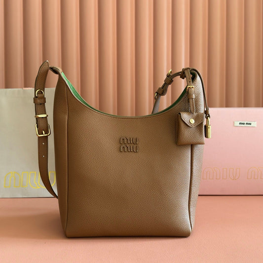 Miu Leather Bucket Bag 23cm Brown Grain Cowhide