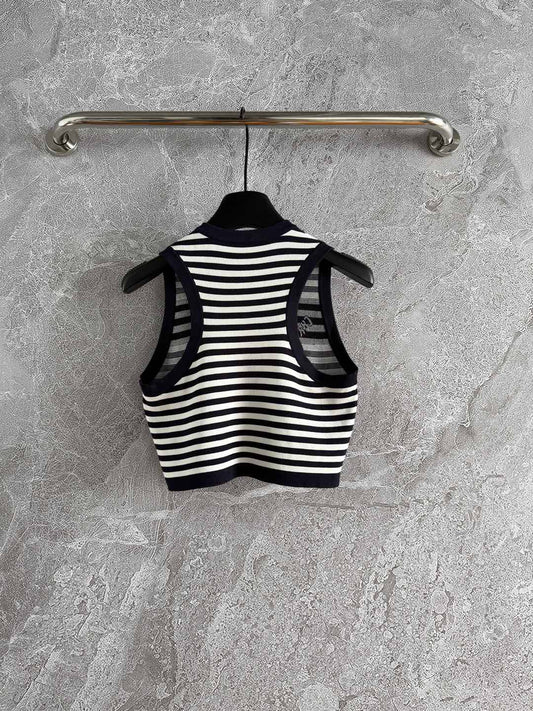 CD Striped High Waist Top Dark Blue White Viscose
