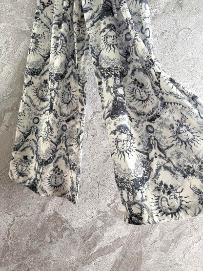 CD Sun God Printed Wide Leg Pants Beige Blue Cotton
