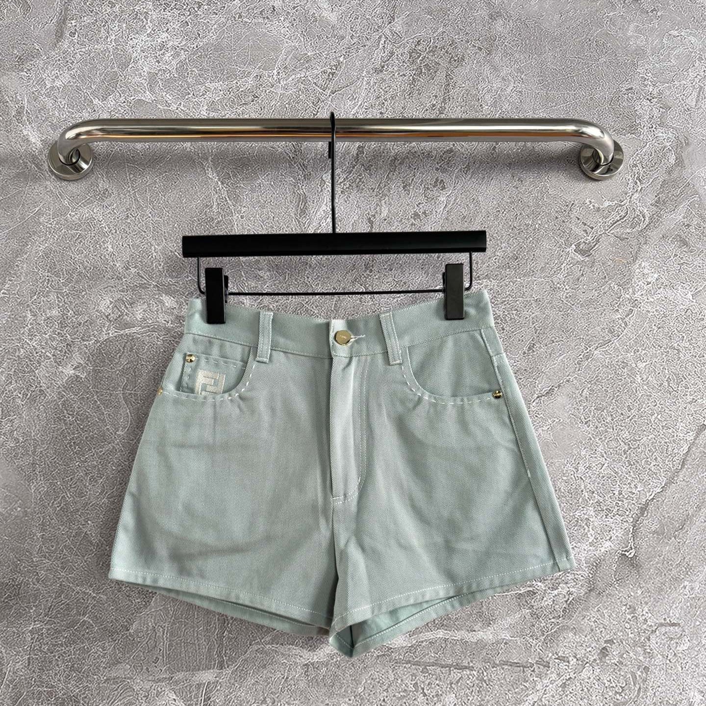 Fendi Hand-made Needle-picking Shorts Blue Green Cotton