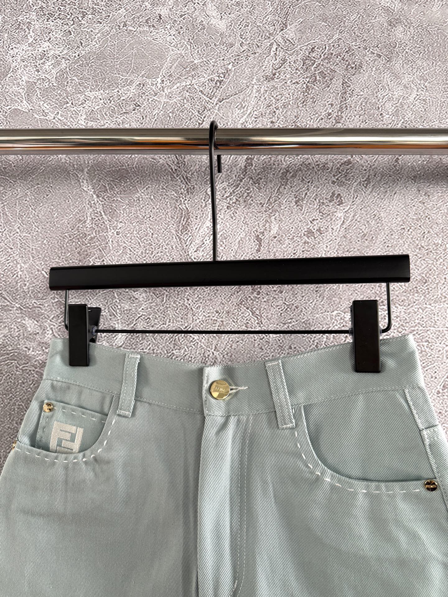 Fendi Hand-made Needle-picking Shorts Blue Green Cotton