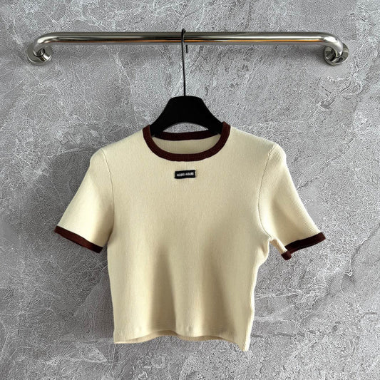 Miu Miu Short-sleeved Knitted Sweater Brown Cream Cotton