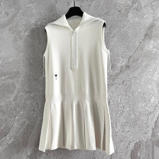 CD Collar Pleated Dress White Viscose