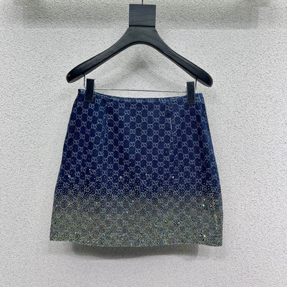 GG Blue Monogram Crystal Embellished Mini Skirt