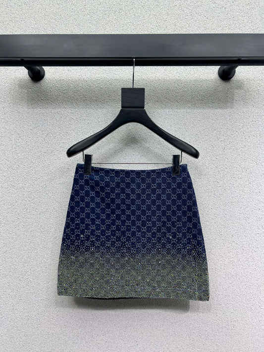 GG Blue Monogram Crystal Embellished Mini Skirt