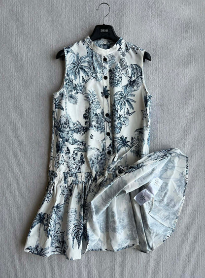 CD 25 Painting Waist Sleeveless Dress White Blue Cotton Polyester