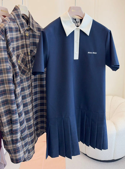 Miumiu 2025 Short-sleeved Pleated Dress Navy Blue Cotton