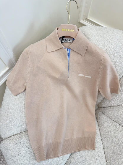 Miu Miu 25 Striped Polo Short-sleeved Sweatshirt Beige Cashmere