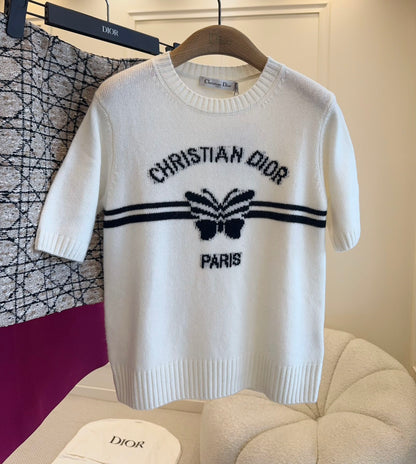 CD 25 Butterfly Knitted Short Sleeves Top White Black Cotton
