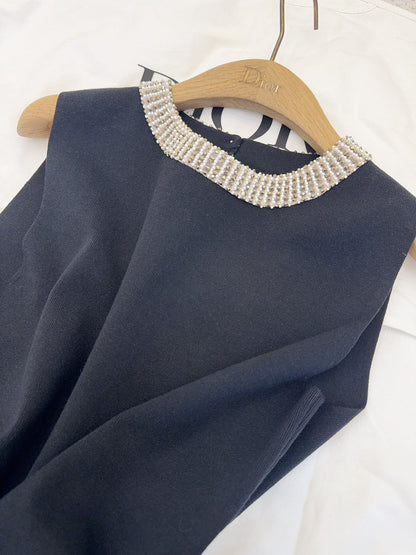 CD 25 Beaded Knitted Dress Blue Tencel Cotton and Silk