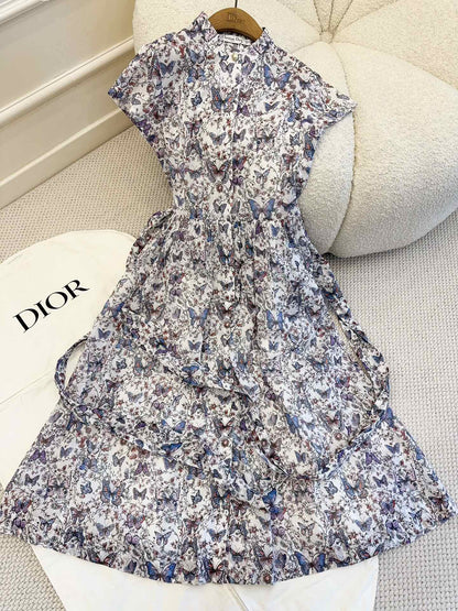 CD 2025 Butterfly Floral Print Dress Multicolor Cotton