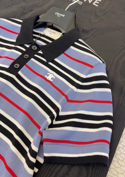 Celine 2025 Striped Polo Shirt Blue Black White Cotton