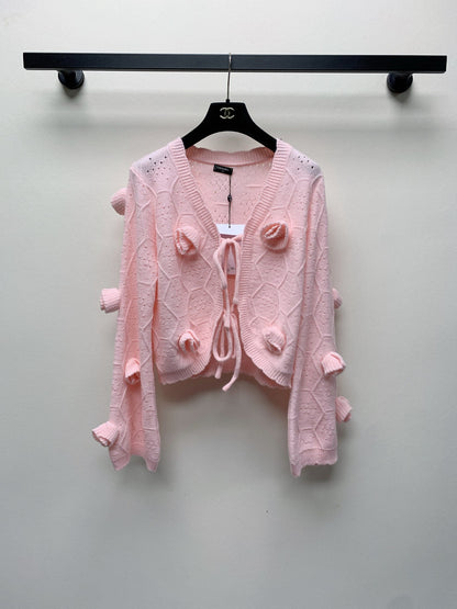 CC 25 Knitted Three-Dimensional Flower Tie Cardigan in Pink 277588