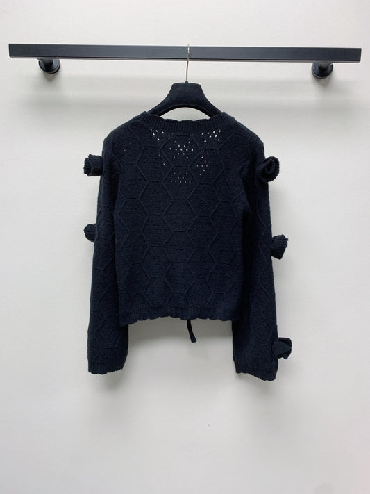 CC 25 Knitted Three-Dimensional Flower Tie Cardigan in Black 277589