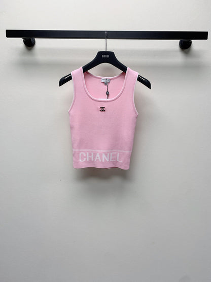 CC 25 Round Neck Knitted Embroidered Logo Vest in Pink 277576