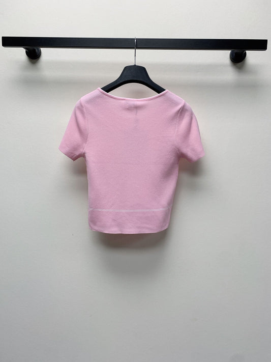CC 25 Round Neck Knitted Embroidered Logo Top in Pink 277580