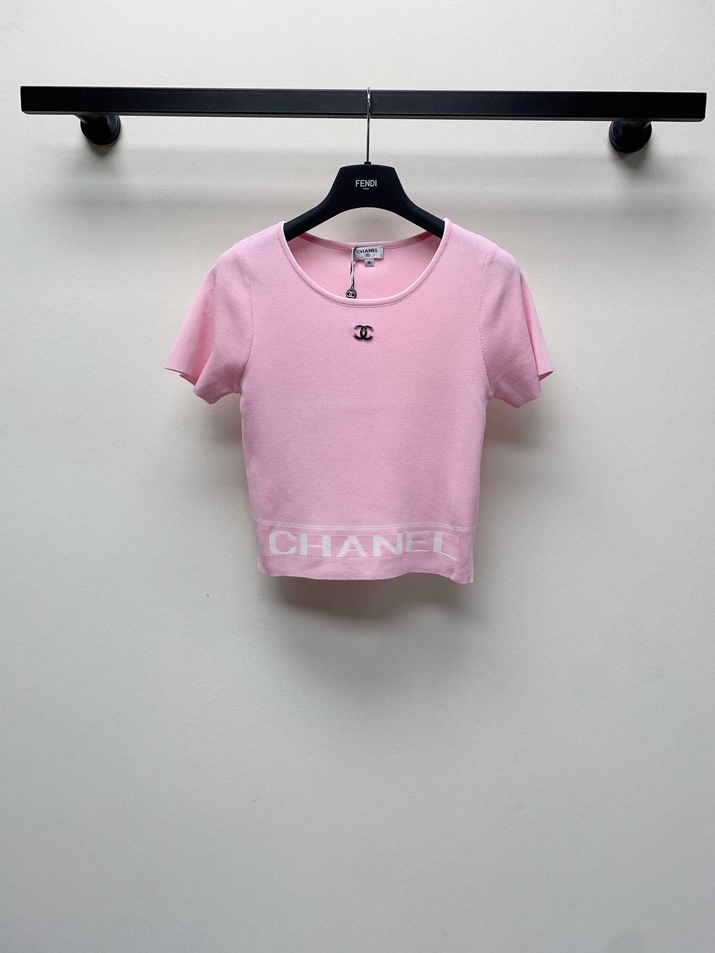 CC 25 Round Neck Knitted Embroidered Logo Top in Pink 277580