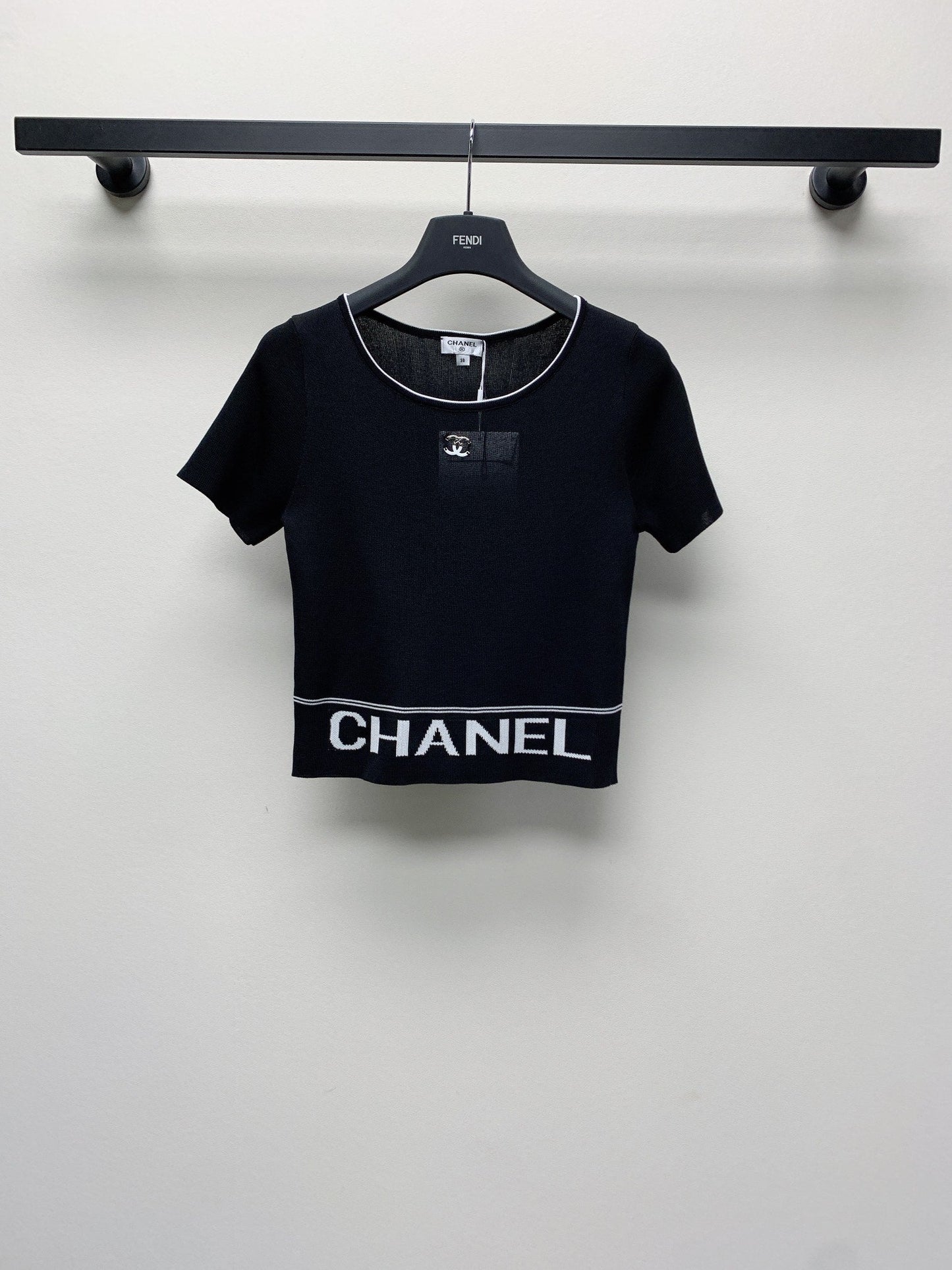 CC 25 Round Neck Knitted Embroidered Logo Top in Black 277581