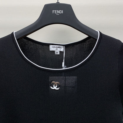 CC 25 Round Neck Knitted Embroidered Logo Top in Black 277581