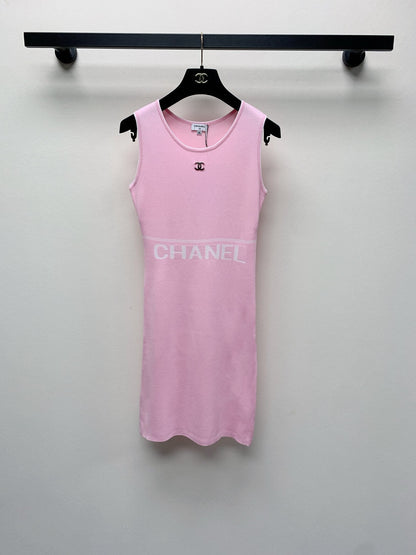 CC 25 Round Neck Knitted Embroidered Logo Vest Dress in Pink 277583