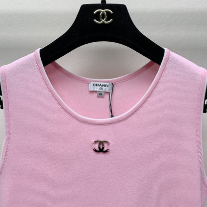 CC 25 Round Neck Knitted Embroidered Logo Vest Dress in Pink 277583