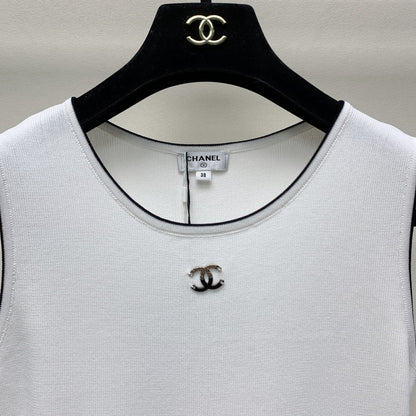 CC 25 Round Neck Knitted Embroidered Logo Vest Dress in White  277584