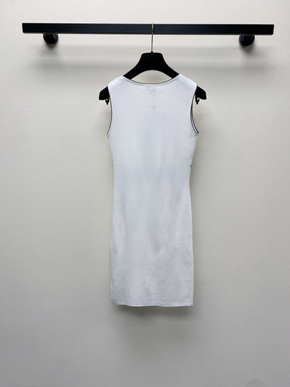 CC 25 Round Neck Knitted Embroidered Logo Vest Dress in White  277584