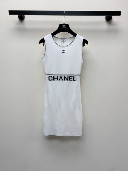 CC 25 Round Neck Knitted Embroidered Logo Vest Dress in White  277584