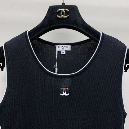 CC 25 Round Neck Knitted Embroidered Logo Vest Dress in Black  277585