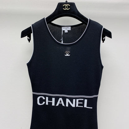 CC 25 Round Neck Knitted Embroidered Logo Vest Dress in Black  277585