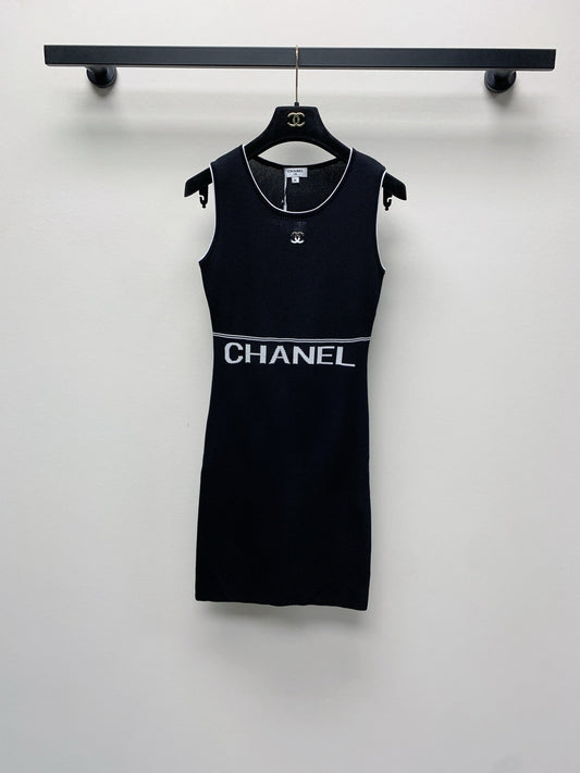 CC 25 Round Neck Knitted Embroidered Logo Vest Dress in Black  277585