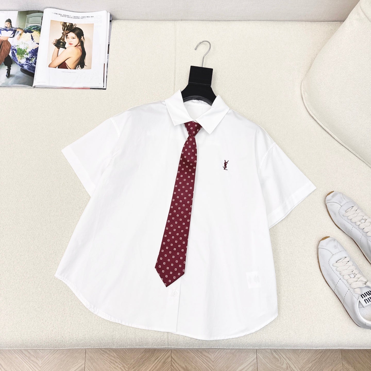 YSL 25 Polka Dot Tie Short-sleeved Shirt White Red Cotton 544580