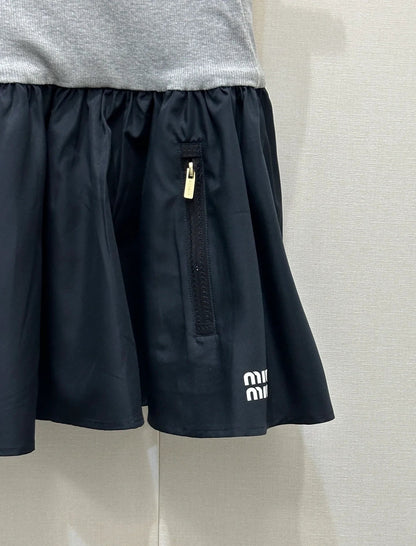 Miumiu 2026 Jersey And Poplin Skirt Grey Navy Blue Cotton 136562