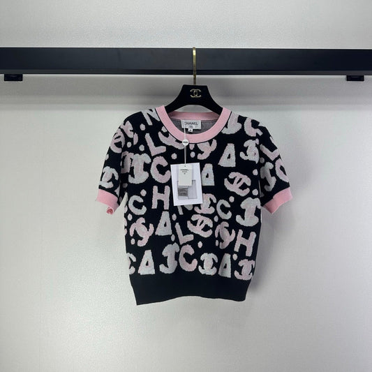 CC Short-Sleeved Knit Top Black Pink Wool Nylon 345986