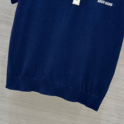 Miu Miu 25 Polo Collar Short-sleeve Knitted Top Blue Wool