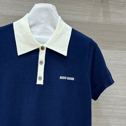 Miu Miu 25 Polo Collar Short-sleeve Knitted Top Blue Wool