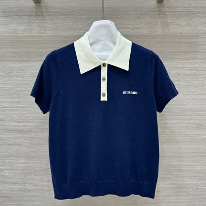 Miu Miu 25 Polo Collar Short-sleeve Knitted Top Blue Wool