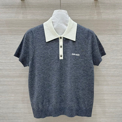Miu Miu 25 Polo Collar Short-sleeve Knitted Top Gray Wool