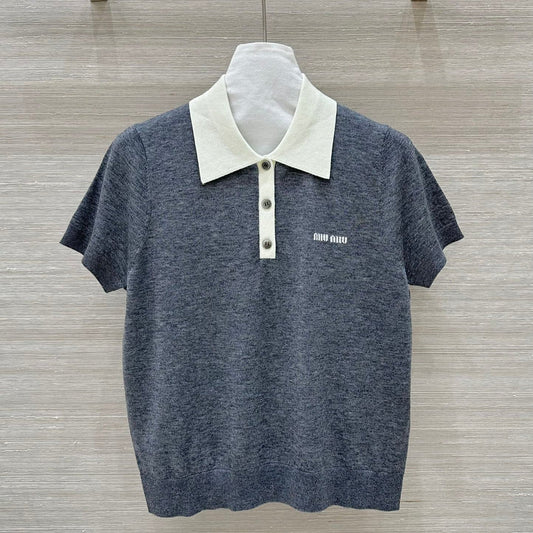 Miu Miu 25 Polo Collar Short-sleeve Knitted Top Gray Wool