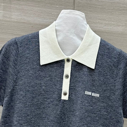 Miu Miu 25 Polo Collar Short-sleeve Knitted Top Gray Wool