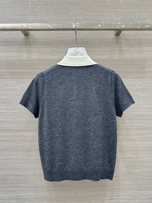 Miu Miu 25 Polo Collar Short-sleeve Knitted Top Gray Wool