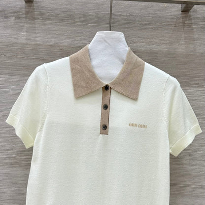 Miu Miu 25 Polo Collar Short-sleeve Knitted Top Beige Wool
